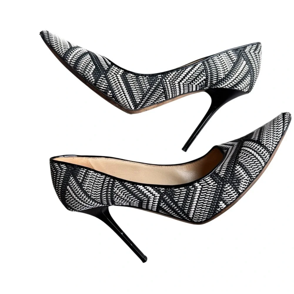 Jimmy Choo -Abel Black & White Woven Print Pointed Toe Stiletto Heels Sz 39.5